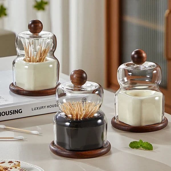 Update Solid Wood Box Home Creative Dental Floss Cotton Swab Storage Glass Ceramic Toothpick Jar With Lid 241231
