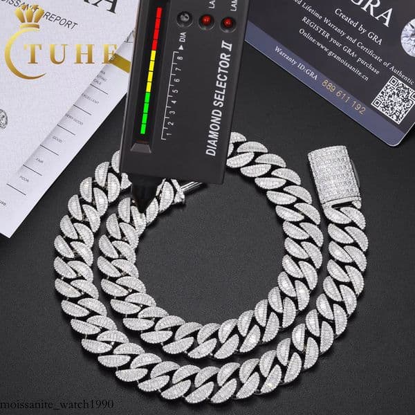 New Style Hip Hop Mens Jewelry 15mm Sterg Sier VVS Baguette Moissanite Dia Iced Out Cuban k Chain Necklace