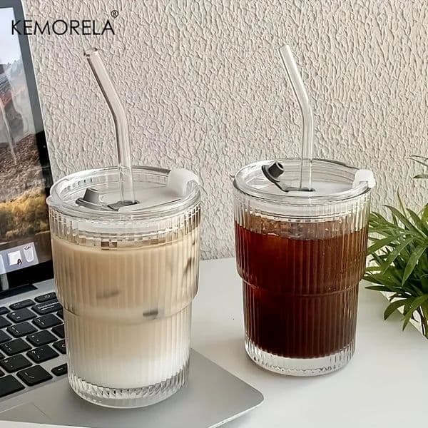 12PCS 450ml Stripe Glass Cup Transparent Glasses With Lid and Straw Ice Coffee Mug Tea Juice Milk Water Drinkware 241226q