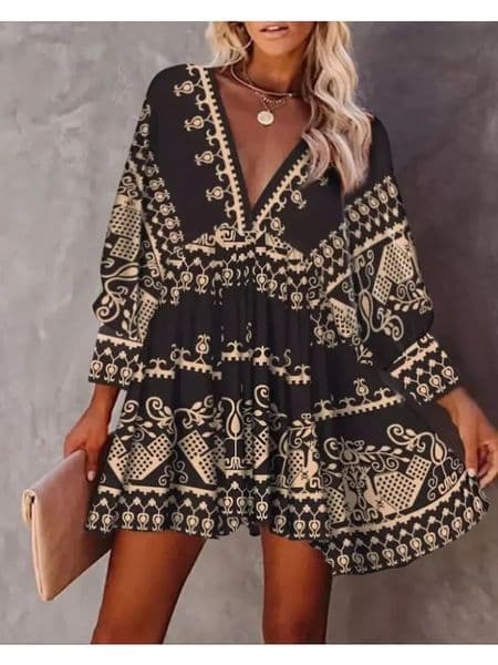 Summer Dress Bohemian Spring Womens Loose Full Body Printed Short Skirt V-neck Pulling Long Sleeve Dress 250103