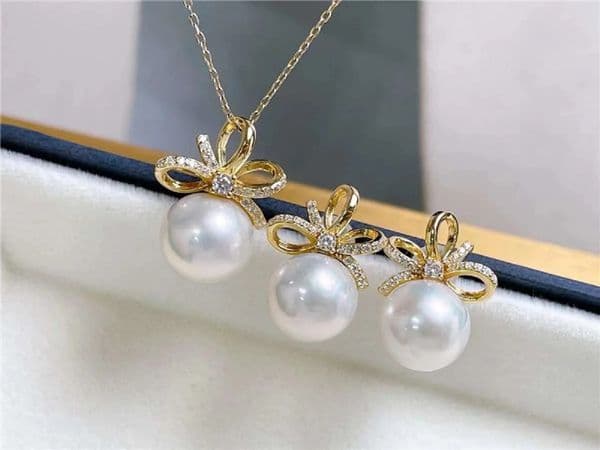 orgeous AA 10-9mm South sea 18K gold-plated bow style pearl pendant earring set 250102