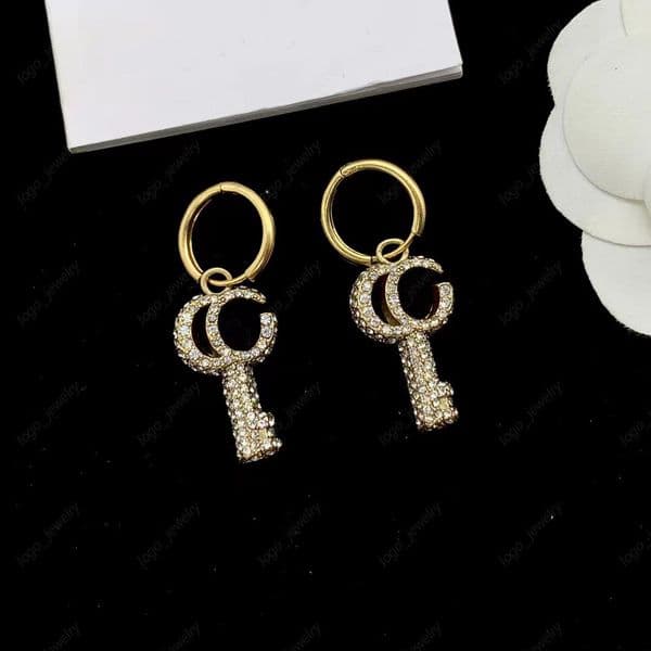 Luxury Designer Full Diamond Key Pendant Earrings Women's Gold Brass material Stylish exquisite charm earrings Gift jewelry