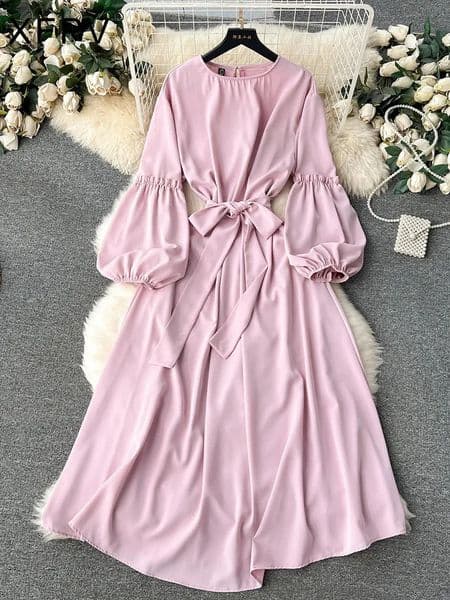 XFPV Women Vintage Sweet Mid Length High Waist A-line Dresses O-Neck Puff Sleeve Lace-up Vestidos Spring Summer 2025 SM10101 250103