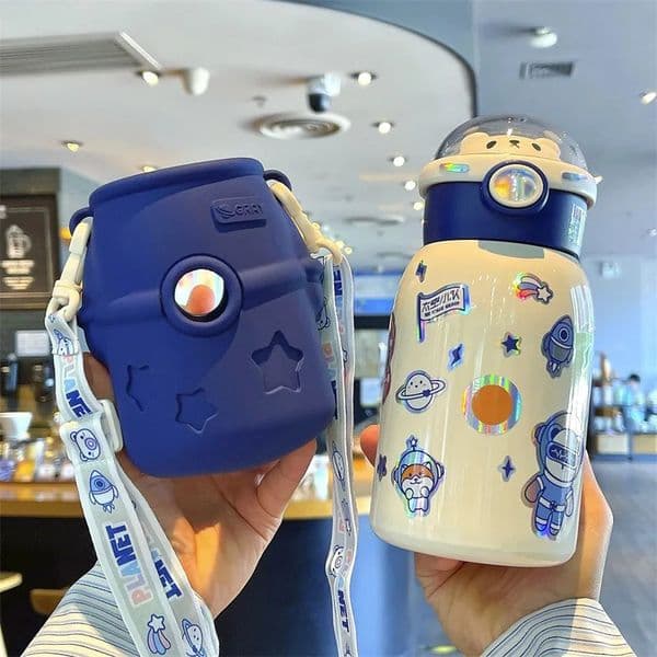 500ml Cute Thermal Water Bottle for Children Thermos Mug with Straw and Bottle Cover Stainless Steel Insulated Cup Drinkware 250106