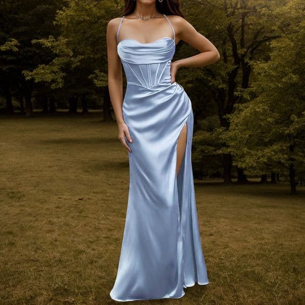 Elegant Gentle Light Blue Graduation Ball Prom Dress Sexy Corset Fishbone Tube Top Spaghetti Strap Long Evening Dresses 250103