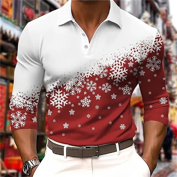 Mens Polo Shirt Golf Shirt 3D Printed Snowflake Graphic Top Christmas Street Long Sleeve Button Mens Polo Clothing 250103