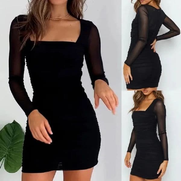 Womens Square Neck Bodycon Long Sleeve Zip Up Dresses Female Casual Elegant Pleated Wrap Mini Dress Club Party Sexy 250103BANJIA