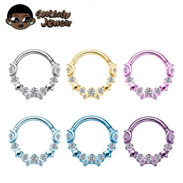ASTM F136 Star Moon with Zircon Clicker Piercing 16G Septum Hoop Nose Ring Tragus Helix Daith Hinged Earrings 250103