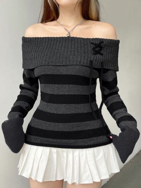 Off Shoulder Slim Knitted Stripe Jumper Women LaceUp Slash Neck Long Sleeve Sweater Tee Korean Fashion Street Knittwear 250103
