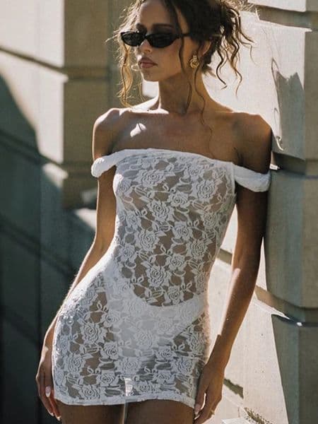 Sibybo Sexy Suspenders See Through Lace Hollow Out Mini Dress Basic Solid Color High Waist Splice Dresses Summer Women Clothes 250103