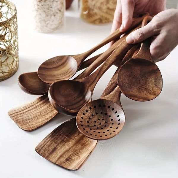 7PCS Natural Wooden Tableware Wooden Spoon Soup Skimmer Cooking Spoon Spatula Long Colander Dinner Home Cookware Set 250106
