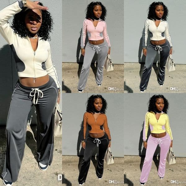 Womens Tracksuits Two Pieces Set 2025 New Spring And Autumn Line Contrasting Color Collarless Zipper Elastic Rope High Waisted Pants Set