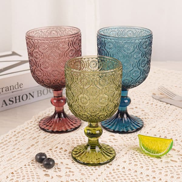 2026 Factory Wholesale 240Ml Embossed Colored Glass Glasses European Juice Wine Goblets Wedding Decoration Cups Free Shipping Shipping