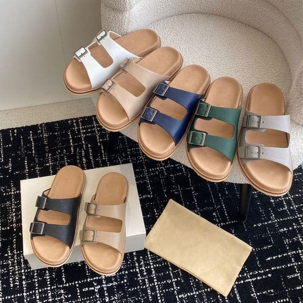 Top quality Unisex two buckle Flat slides slippers sandal men womens open toes mules shoes Real leather beach shoes Luxury designer slippers for man 35-45