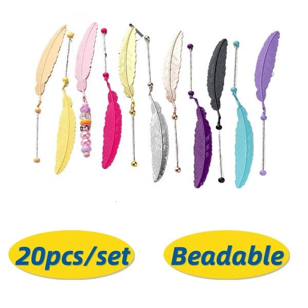 20pc Metal Feather Beadable Bookmark Childrens Graduation Gift Student Reading Marker Book Page Clip School DIY Beaded Bookmark 250107BJ