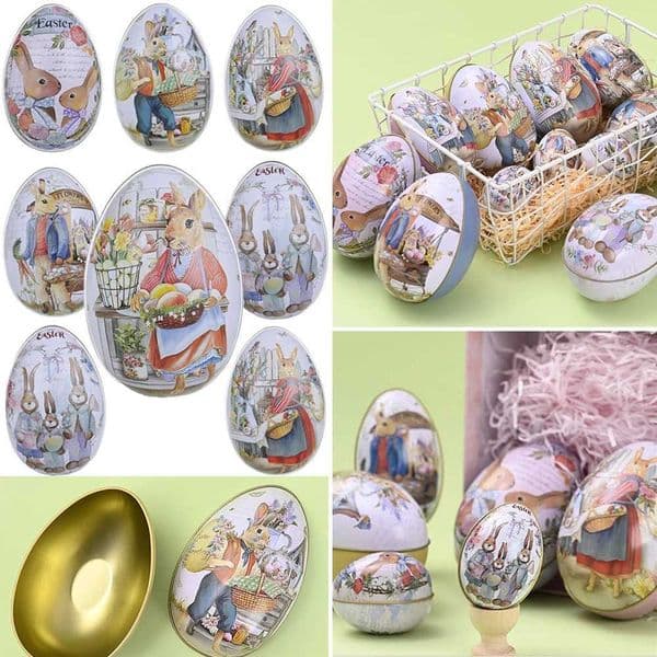 3/6pcs Easter Egg Shaped Tin Candy Box Vintage Rabbit Bunny Printed Metal Eggshell Cookies Container Easter Party Gift Favor ToyXJ250107