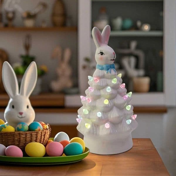 Ceramic Easter Bunny Tree Decoration with LED Lights Holiday Collectible Figurines Fireplace Table Farmhouse Spring Home DecorXJ250107