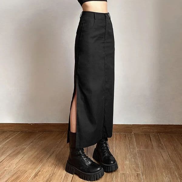 Women Midi Skirts Goth Dark Grunge Casual Tag Split Mall Gothic Punk High Raise Slim Long Skirt Y2k Sexy Fashion Streetwear 250106BJ