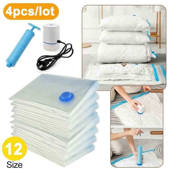 4pcs Reusable Vacuum Bags with Pump Transparent Folding Compressed Space Saving Vacuum Bag for Clothes Large Travel Container 250107