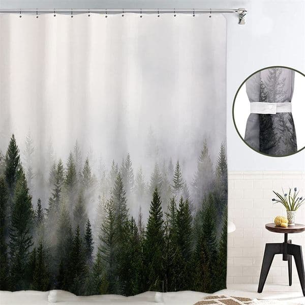 Forest Green Shower Curtain with Hooks, Extra Long, Mold and Mildew Resistant, Bath Liner, Tree Print