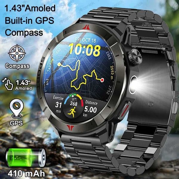 New Built-in GPS Smart Watch 1.43 Amoled HD Display Compass LED Light Outdoor Sports 410mAh Large Battery BT Call SmartWatchXJ250108