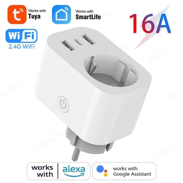 Tuya Wifi Smart Socket 16A EU Plug with Type C Charger Port Smart Home Appliance Socket Extension Adapter Work with Alexa Google 250106