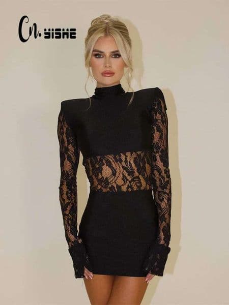 CNYISHE Patchwork Lace Hip Wrap Sheath High Collar Women Dresses Long Sleeve Sexy Club Fashion Bodycon Sheer Female Vestidos
