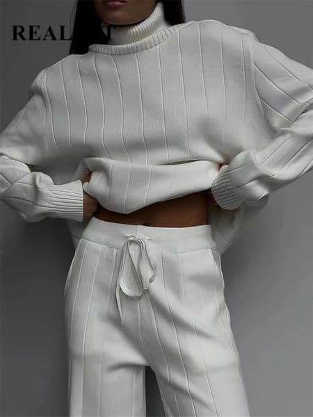 REALEFT Autumn Winter 2 Pieces White Womens Sets Knitted Tracksuit Turtleneck Sweater and Straight Jogging Pant Suits 250106