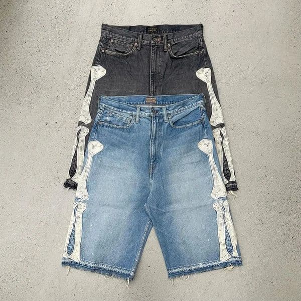 Harajuku Street Trend Y2K Bone y Fivepoint Jeans Mens Loose Straight Pants Washed Blue Summer Shorts for Men 250108BJ