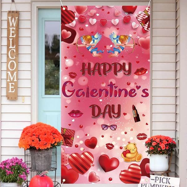 Pillow Case Galentines Day Banner Valentines Door Cover Happy Decorations Romantic Hearts Love Hanging Background 250109