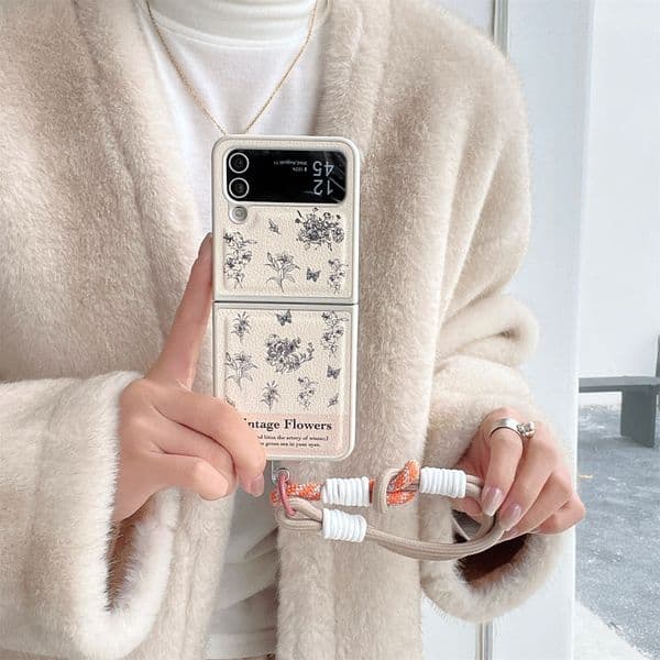 Korean Leather 2925 Tulip Butterfly Handheld Short Rope Case for Samsung Galaxy Z Flip 3 4 5 5G Flip5 ZFlip6 Shockproof Cover