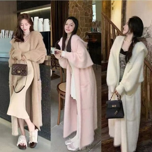 Thick hooded knitted cardigan jacket for sweater autumn and winter womens gentle lazy style knee length coat 250108