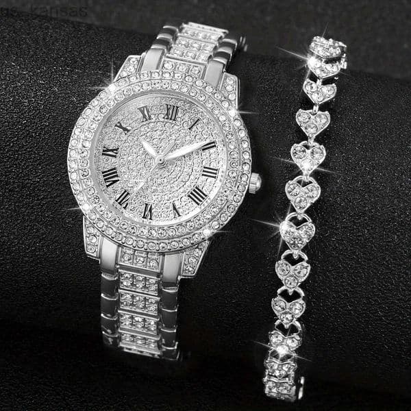 Wristwatches 2PCS/Set Womens Luxury Diamond Stainless Steel Quartz Heart Bracelet Set (Frameless) H241217{category} H25110