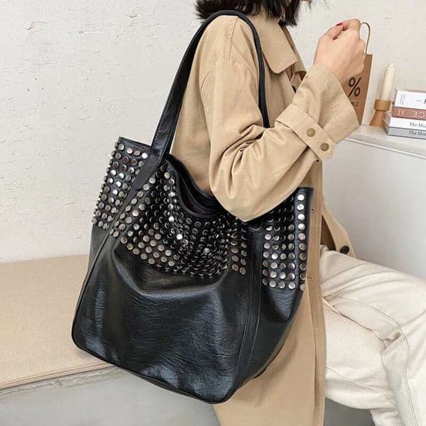 Large Capacity Rivet Designer Women Shoulder Soft Casual Black Female Shopping Lady Hobo Handbag Tote Travel Bag