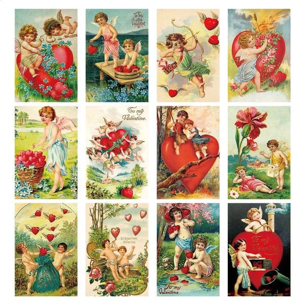 12pcs Vintage Valentines Day Greeting CardAntique Cupids Hearts Love PostcardsWall Art Prints for Room DecorGift Him Her 250110