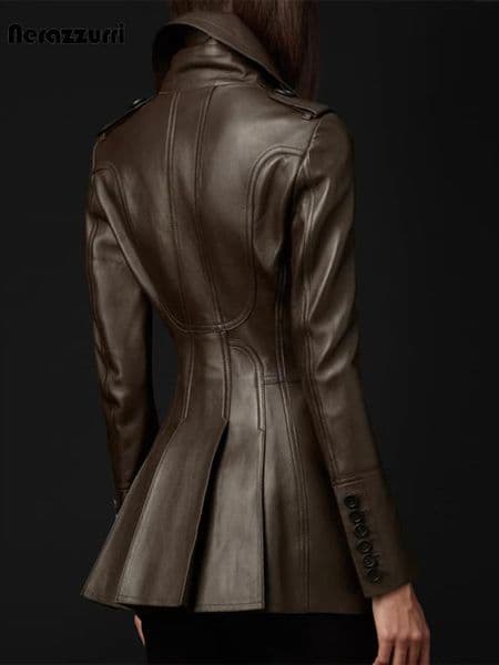 Nerazzurri British Style Brown Leather Trench Coat for Women Double Breasted Runway Fashion 2023 Fitted Soft Faux Blazer 250103