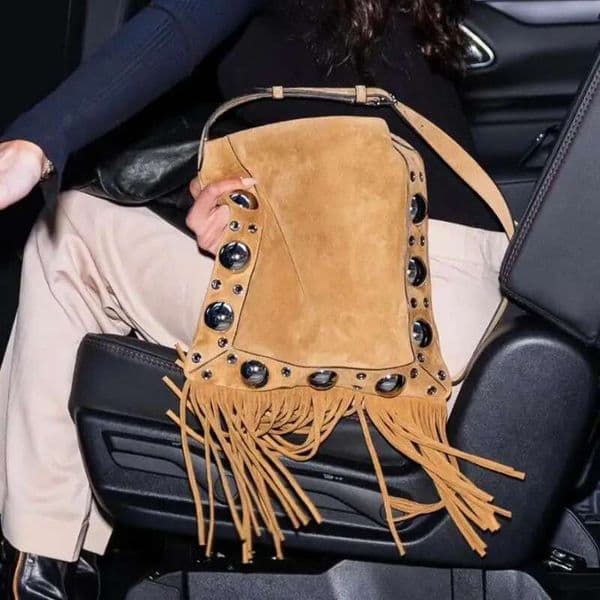 New Frosted Suede Tassel Square Shoulder Bag With European / American Fashion Personality, Motorcycle Style Rivet Crossbody Bags