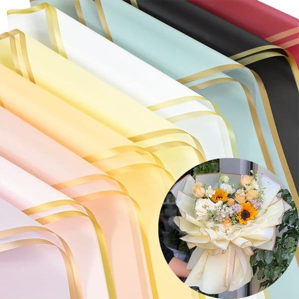 5pcs Golden Border Flower Wrapping Paper Half Transparent Gift Packing Florist Bouquet Wrapping Paper for Wedding Birthday Party