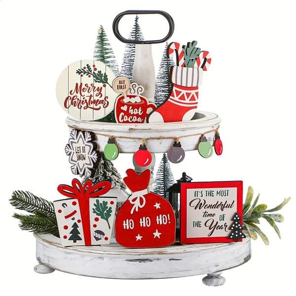 12pcsset Christmas Tiered Tray Decoration Letters Sign Wooden Ornaments Home Layered Set Gifts 250107