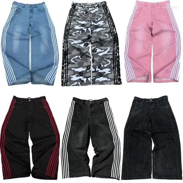 Men's Jeans Y2K Baggy High Quality Embroidered Striped Harajuku Sweatpants Hip Hop Unisex Casual Wide Leg Denim Pants Streetwear T260304