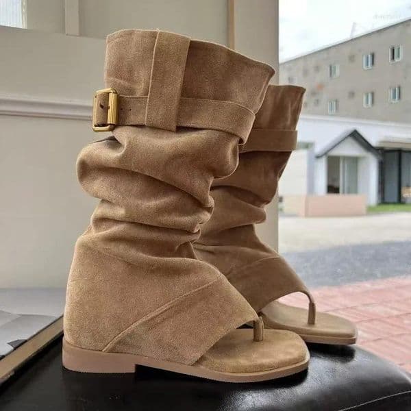 Sandals Girls Khaki Black Suede Square Clip Toe Inner Height Increasing Belt Buckle Knee High Boots Women Summer Shoes