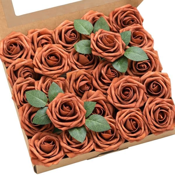 Artificial Flowers 25pcs Real Looking Burnt Orange Foam Fake Roses with Stems for DIY Terracotta Wedding Bouquets Bridal Shower