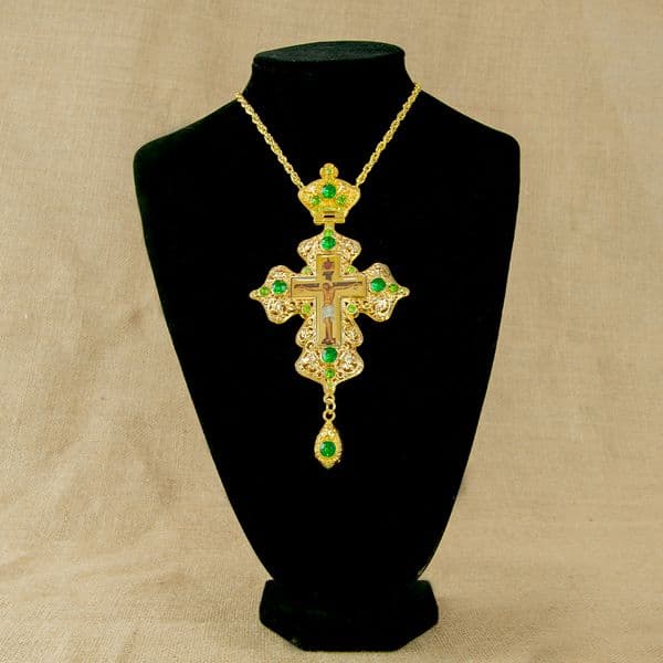 Greek Gold Plated Alloy Orthodox Pendant Russian Pectoral Cross with Jesus Icon Necklace for Priest Крест наперсный с цепью