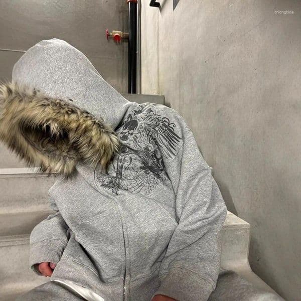 Men's Hoodies Punk Style Casual American Street Fur Hat Printed Pattern Long Sleeved Pullover Tops Retro Jacket Trend Sweatshirts