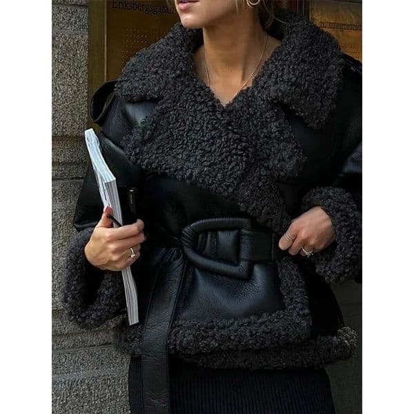 hoodie Women's Wear Leather Fur Patchwork Short Coat With Belt Lapel Thickened Lamb Wool Plush Women's Motorcycle Jacket Fashion Cotton Overcoat jacket
