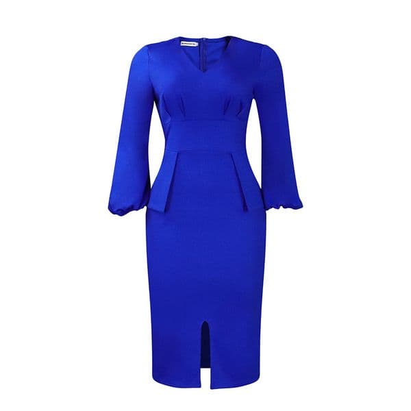 (355) Women's V-neck puff sleeve slit dress office pencil skirt dress