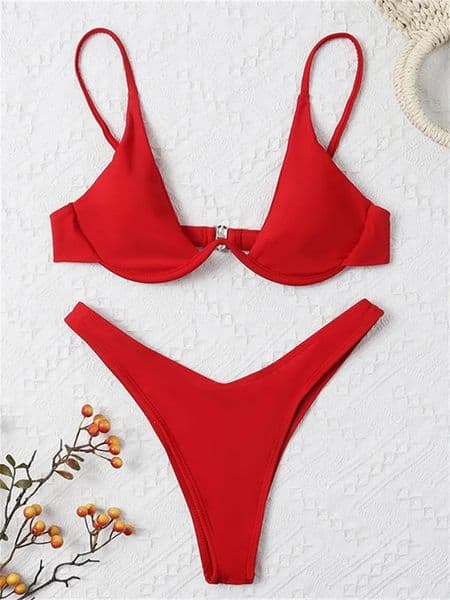 Sexy Underwire Bikini 2024 Mujer Women Solid Red Push Up Bra Thong Swimsuit Haler V Neck Bathing Suit Mini Micro Swimwear 250114