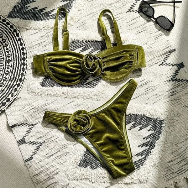 Sexy Green Velvet 3D Flower Swimwear Push Up Bikinis Sets Swimsuit 2025 Women Underwired Bathing Suit Thong Bikini Mujer Biquini 250114