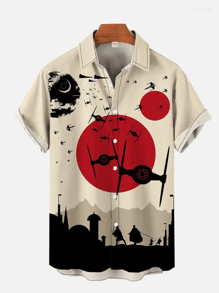 Men's Casual Shirts Japanese High-end Art Style Aircraft Print Short-sleeved Shirt Hawaiian Top 2025 Shir