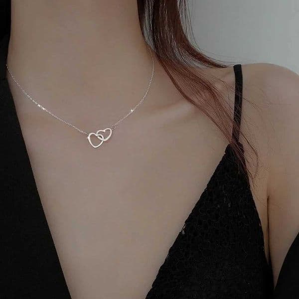 Silver Color Double Heart Choker Necklace for Women Girl Party Clavicle chain Gifts JewelryXJ250114